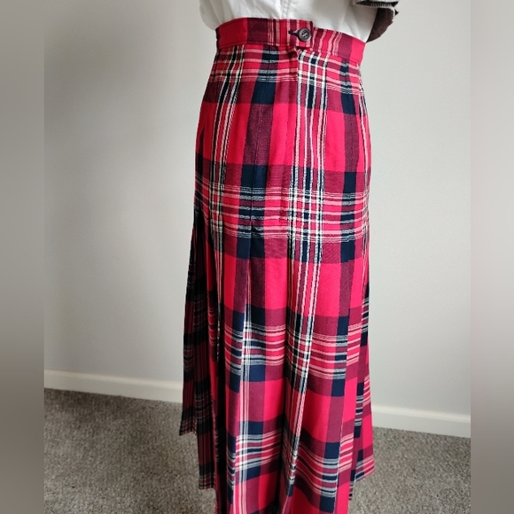 Pendleton Vintage 80s Wool Pleated Maxi Skirt Preppy Navy Blue Red Plaid Size 8 - Picture 8 of 15